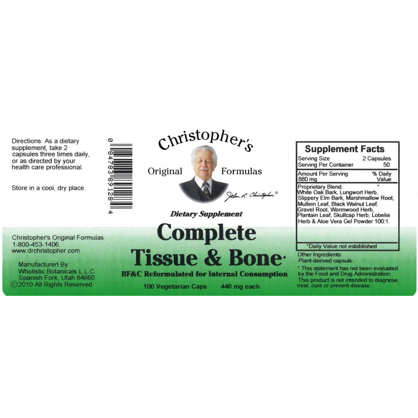 Label close-up of Dr. Christopher Complete Tissue and Bone capsules
