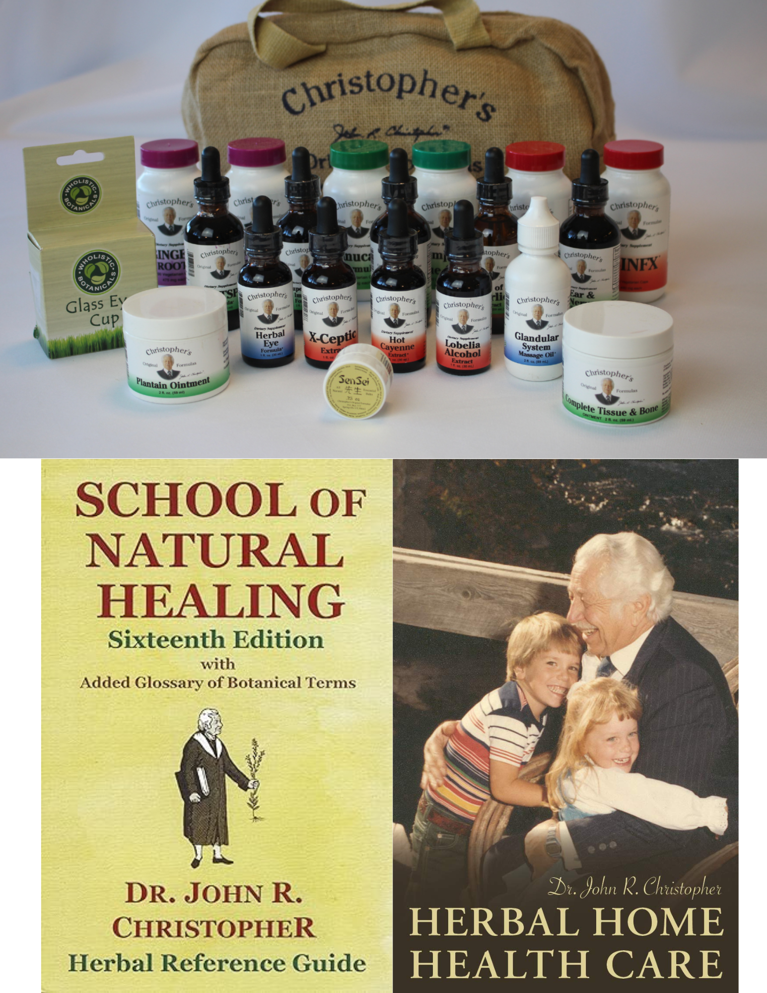 Dr. Christopher family herbal kit with school of natural healing book and herbal home health care book