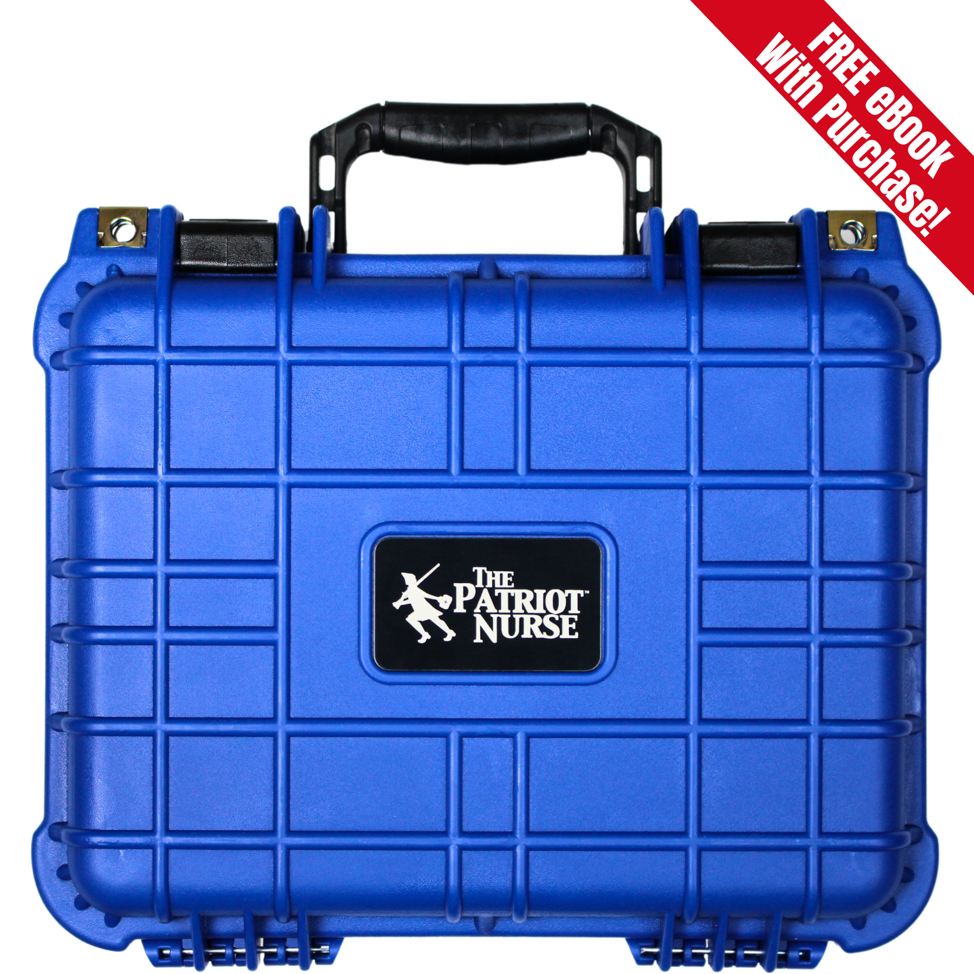 A blue, waterproof, shock-resistant hard case with the 'Patriot Nurse' logo on the top, designed for carrying medical supplies for emergency preparedness.